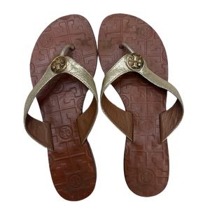 Tory Burch Thora Leather Logo Medallion Flip Flop Sandals